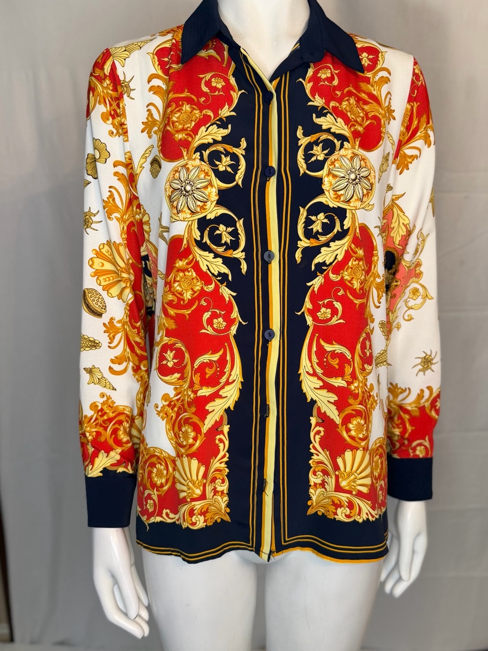 Baroque-Print Button-Down Shirt in Red, Gold & Navy